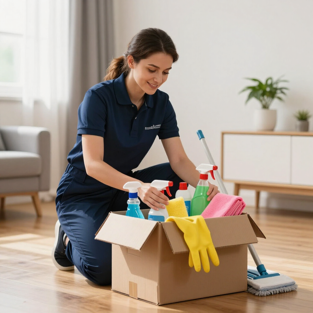 Cleaner kneeling beside a cardboard box of supplies, organizing cleaning tools in a bright room