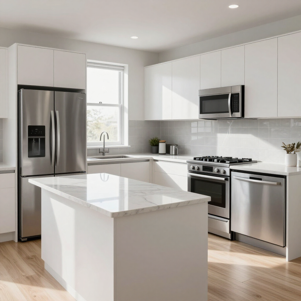 Modern white kitchen with stainless steel appliances and a central island, bright window, and light wood floor