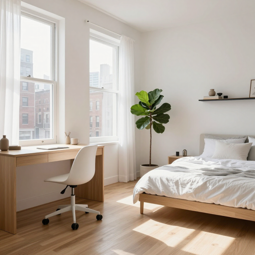 Minimal bedroom with bed, desk by tall windows, and a potted plant in bright sunlight