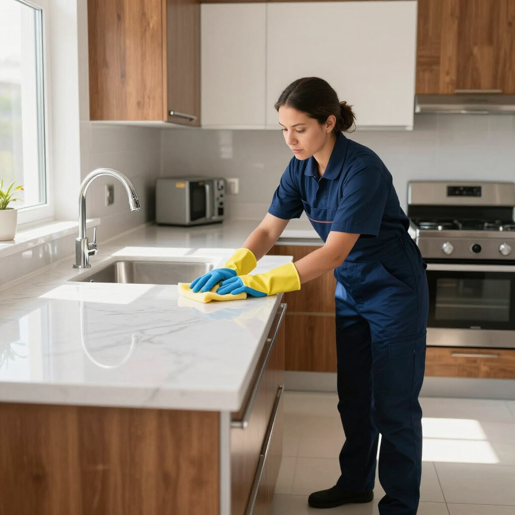 Woman in blue uniform cleaning a white kitchen countertop with yellow gloves and blue cloth.