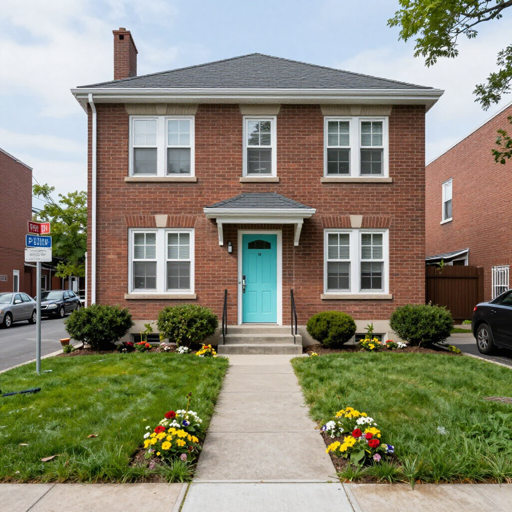 Brick house with turquoise front door, front lawn, and sidewalk lined with flowers