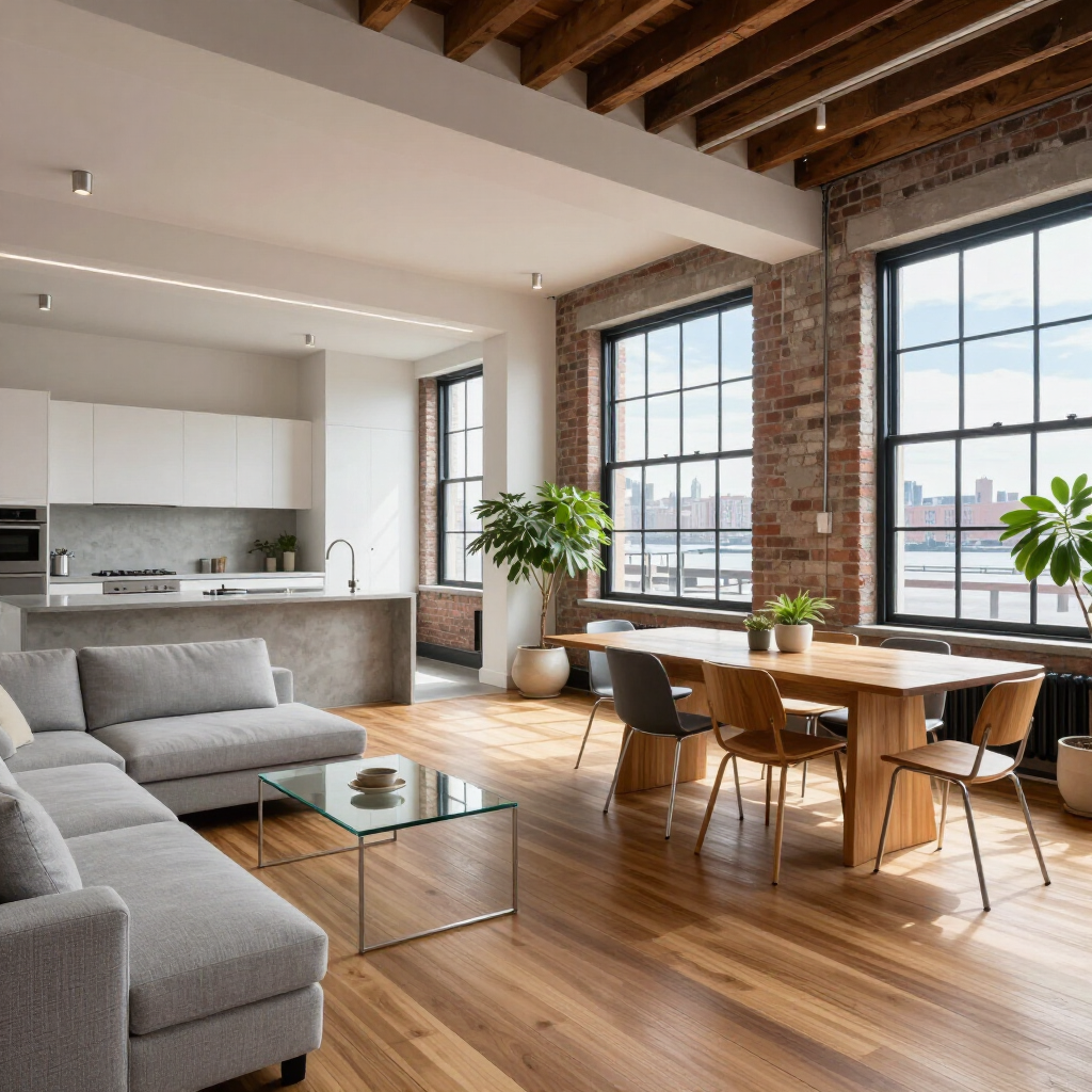 Modern loft living room with gray sectional, wooden dining table, exposed brick, and large windows