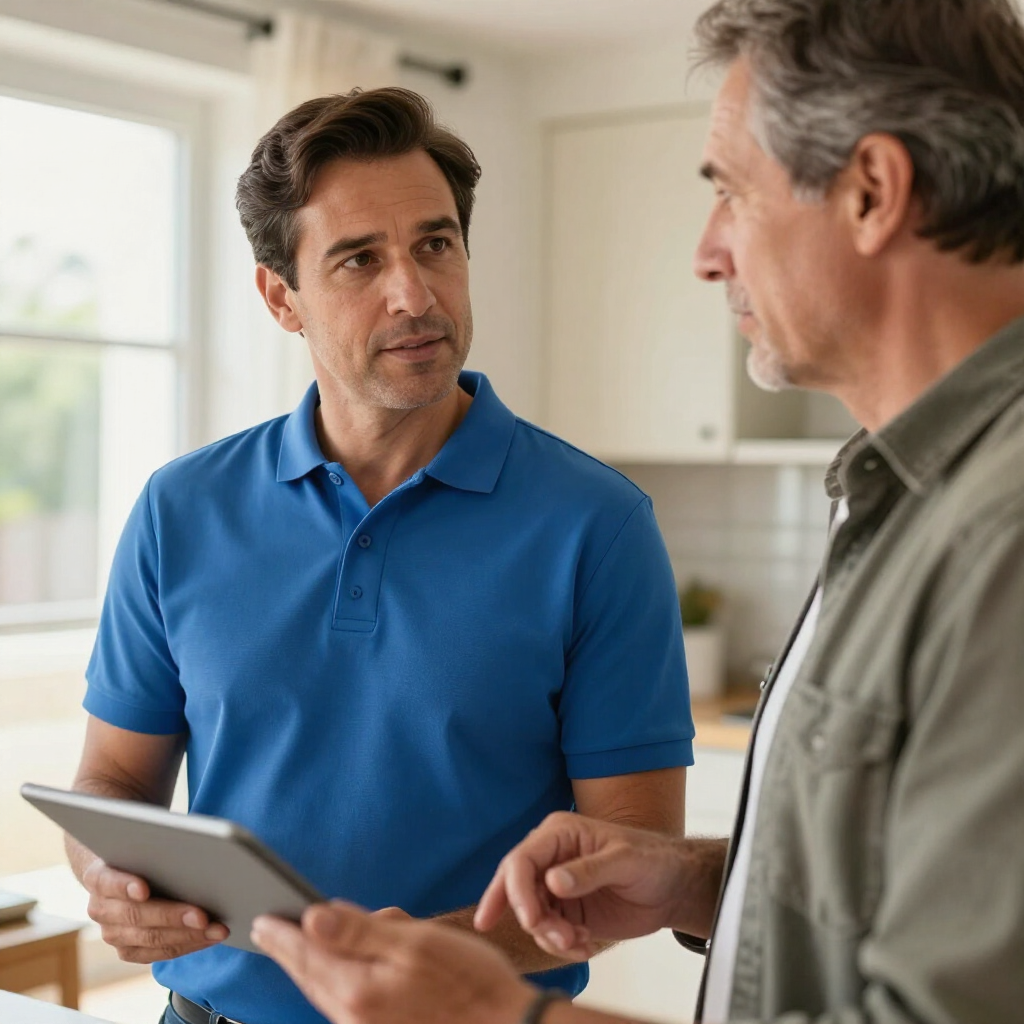 Two men talking in a bright kitchen, one holding a tablet while the other points at it.
