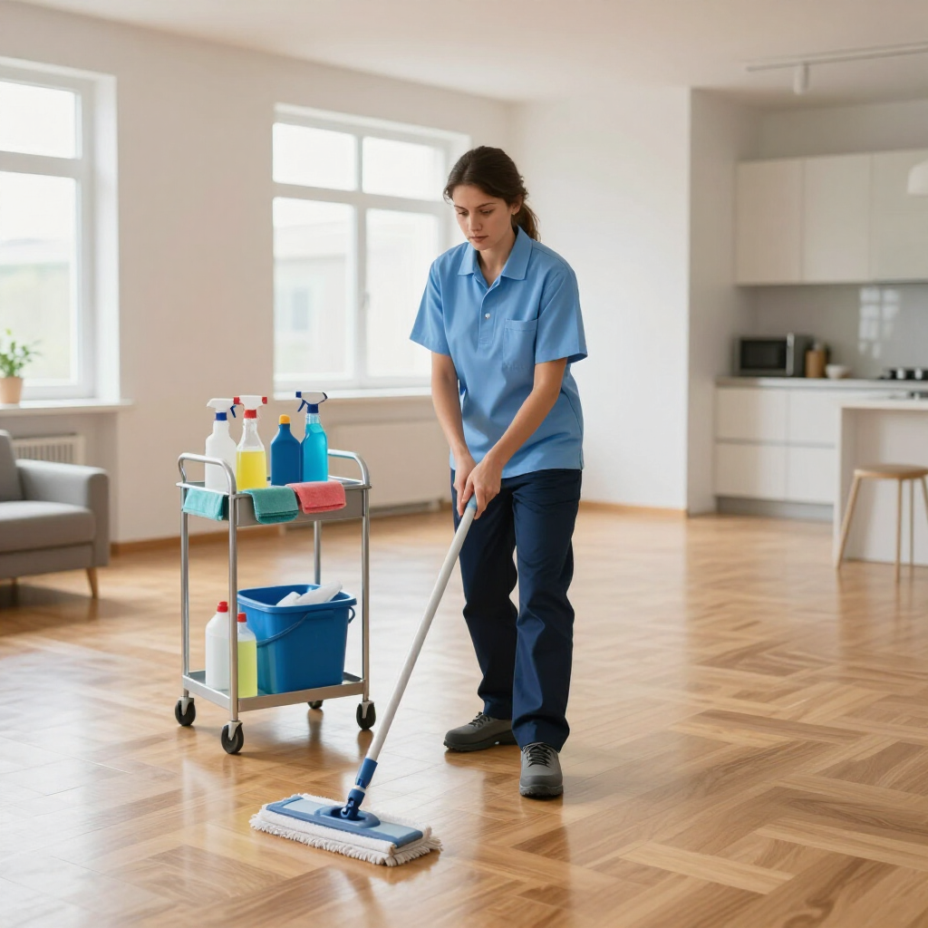 Cleaner mopping a bright kitchen floor beside a cart of cleaning supplies