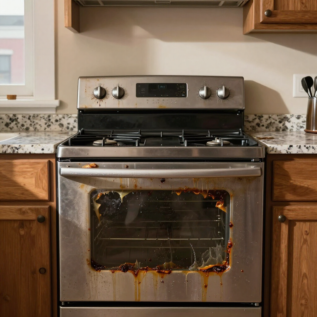 Stovetop fire with flames and grease splatter on a stainless-steel oven in a kitchen