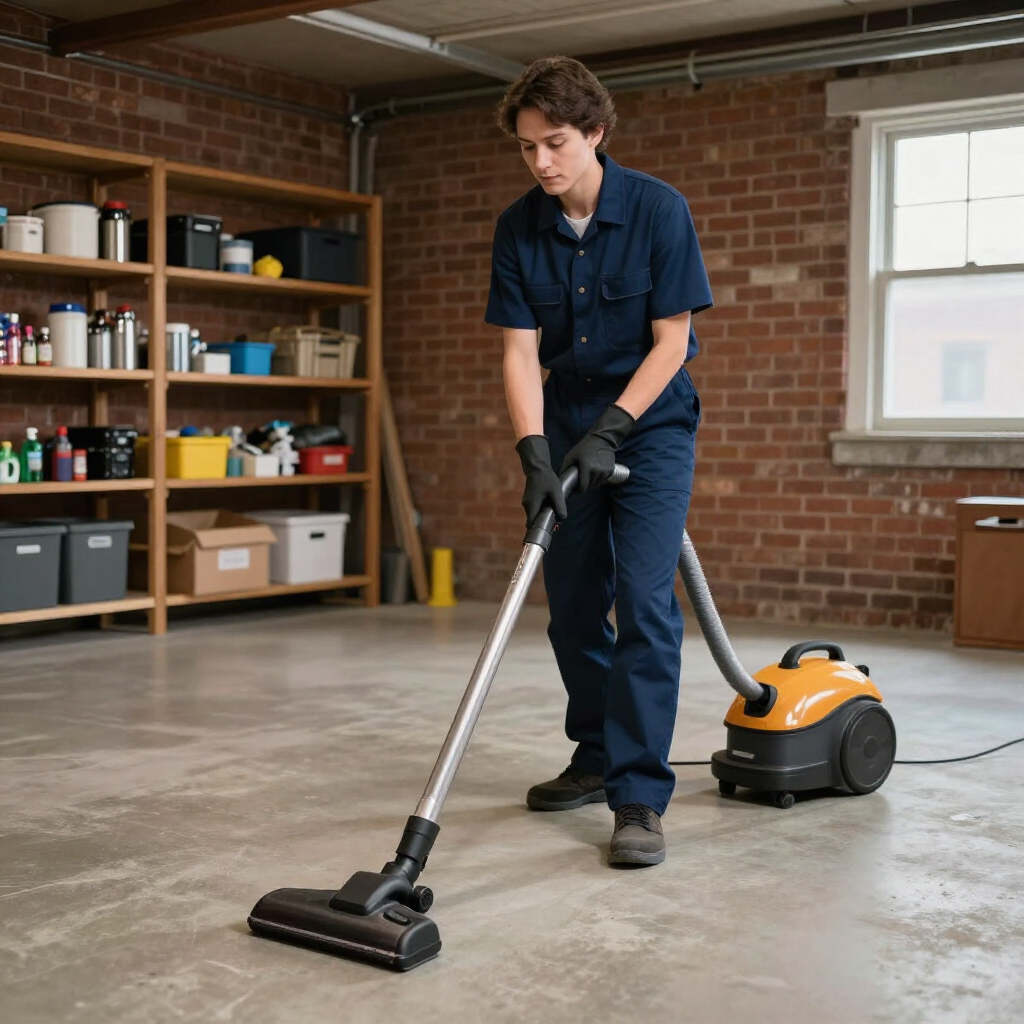 Person using a vacuum cleaner in a brick-walled garage workshop