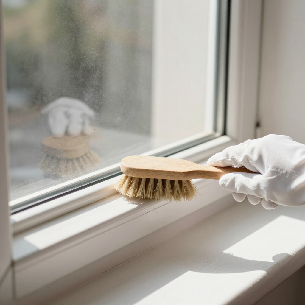 Gloved hand cleaning a white windowsill with a wooden brush beside a sunlit window