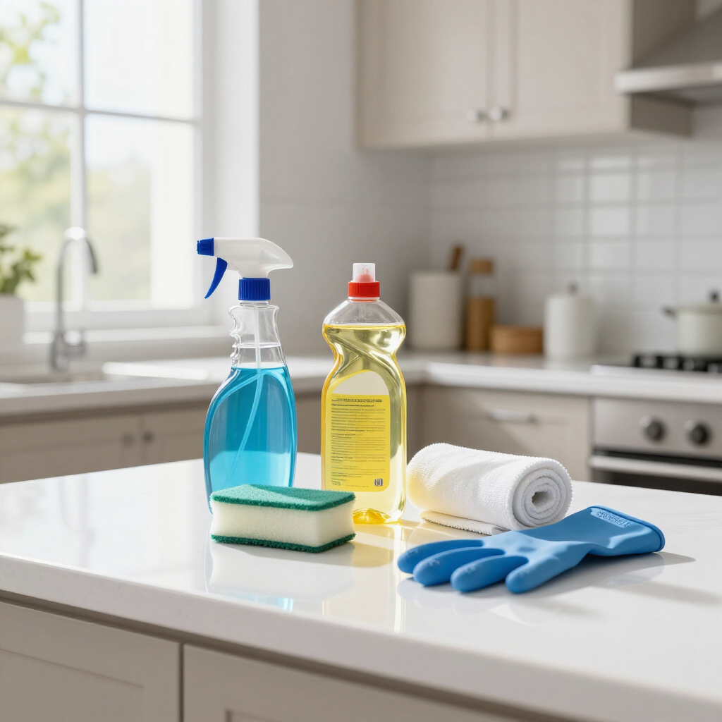 Cleaning supplies on a kitchen counter: blue spray bottle, yellow detergent, sponge, gloves, and paper towels.
