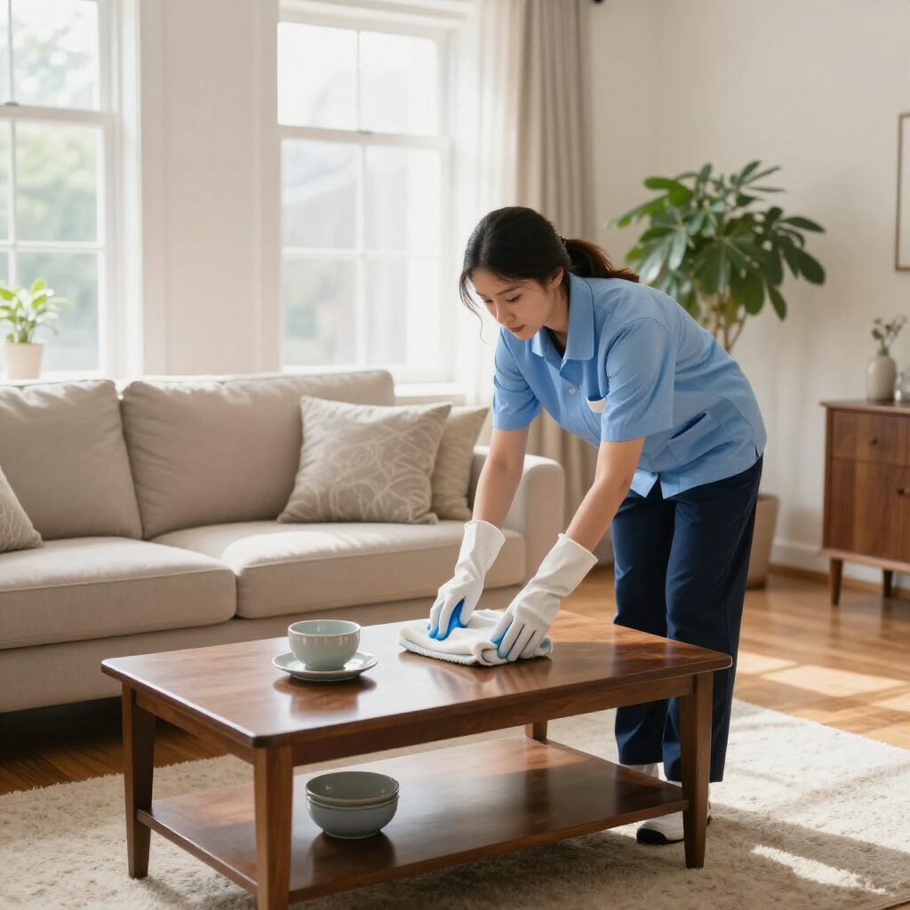 Person wiping a wooden coffee table in a bright living room with a beige sofa and potted plant