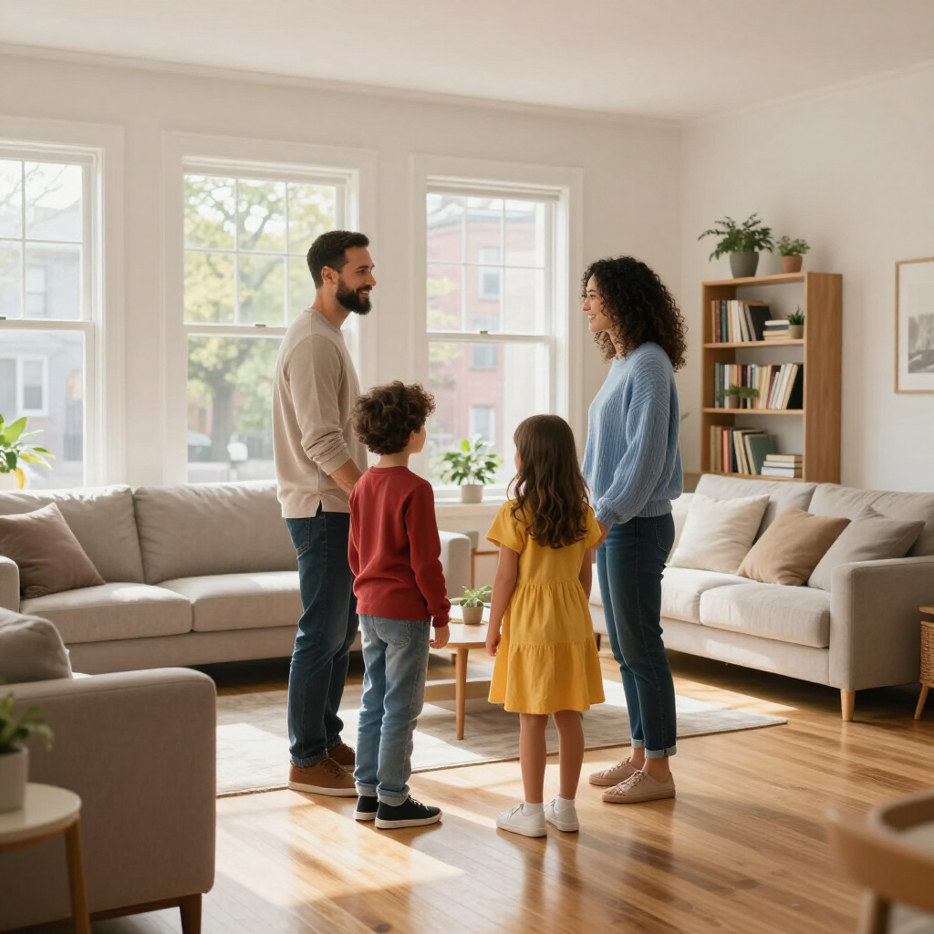 Family of four standing in a bright living room, talking near a beige sofa and large windows.