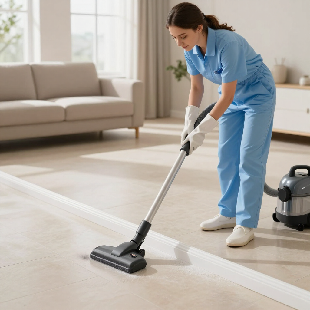 Cleaner vacuuming a light wood floor in a bright living room with a beige sofa.