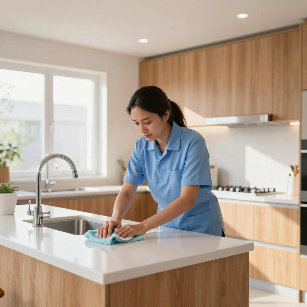 Person wiping a kitchen island with a blue cloth in a bright modern kitchen