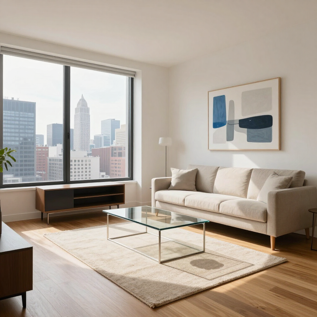 Bright modern living room with beige sofa, glass coffee table, abstract wall art, and large city-view window.