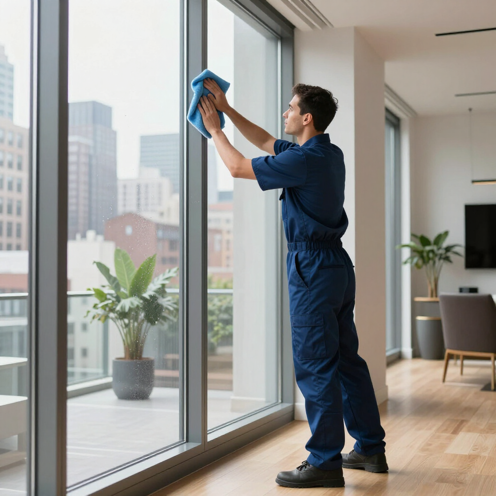 Person in blue coveralls cleaning a large window with a cloth in a bright office.