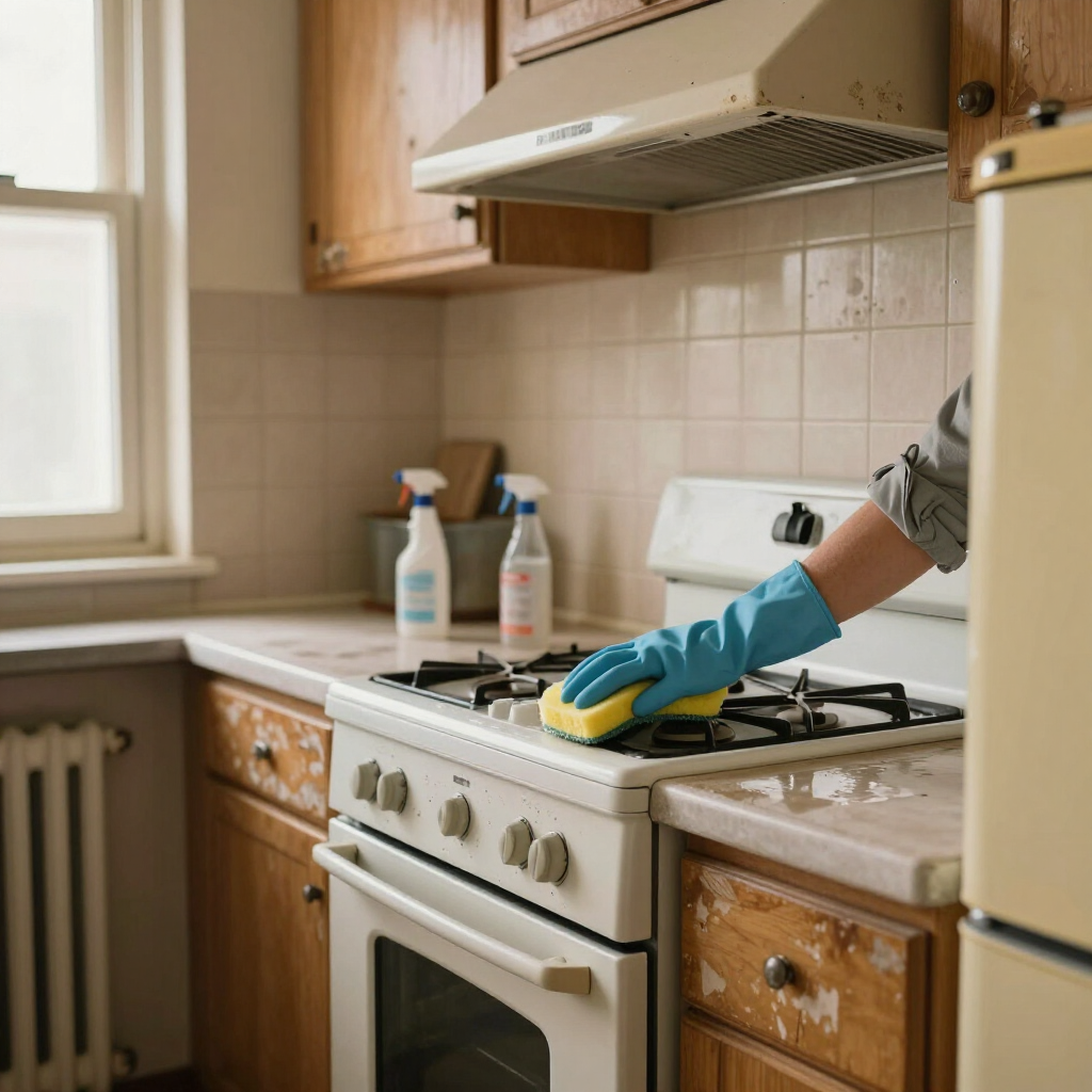 Gloved hand cleaning a white gas stove in a beige kitchen