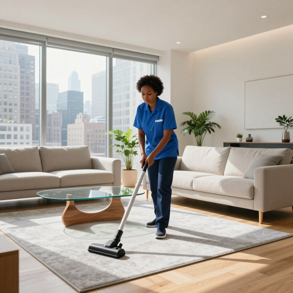 Person vacuuming a bright modern living room with a beige sofa and city view.