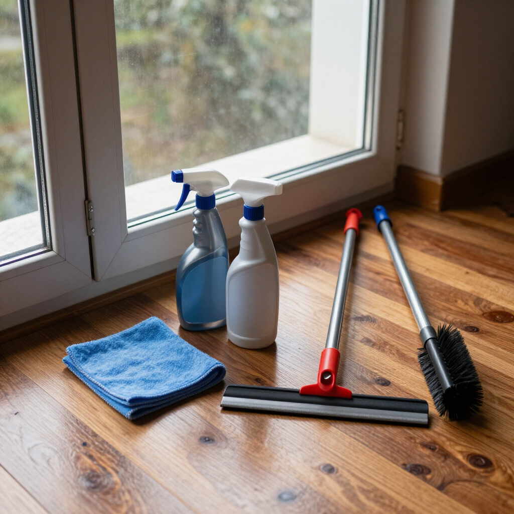 Cleaning supplies on a wooden floor by a window, including sprays, cloths, a squeegee, and brushes.