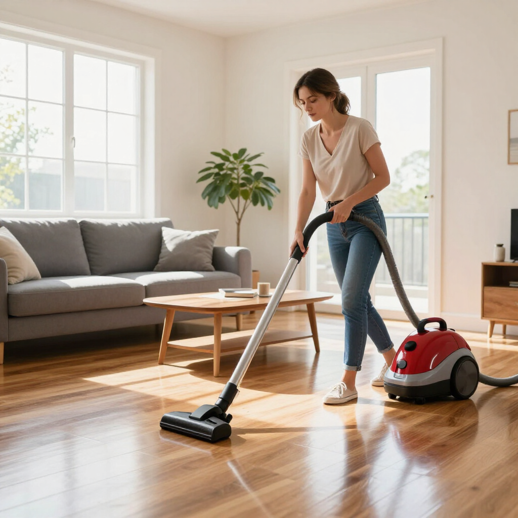 Woman vacuuming a bright living room with hardwood floors, sofa, coffee table, and a red vacuum cleaner