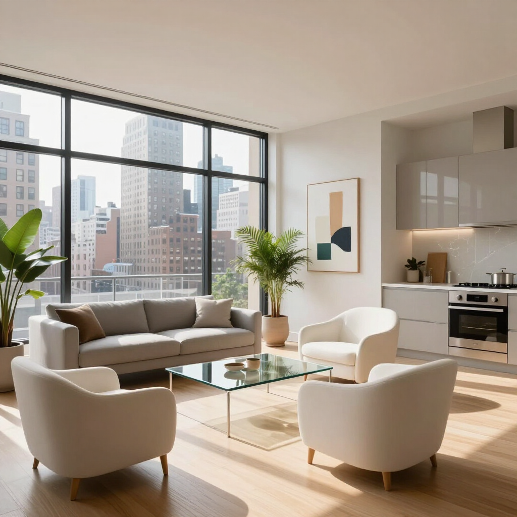 Bright modern living room with beige chairs, sofa, glass coffee table, and city view through large windows