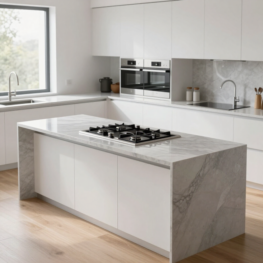 Modern white kitchen with marble island, built-in oven, gas cooktop, and large window