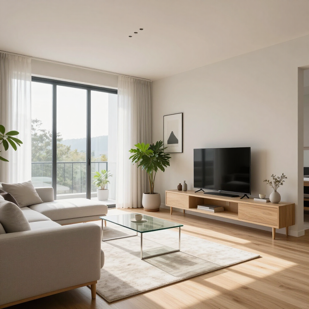 Bright modern living room with beige sofa, glass coffee table, wooden TV stand, and sunlight through large windows