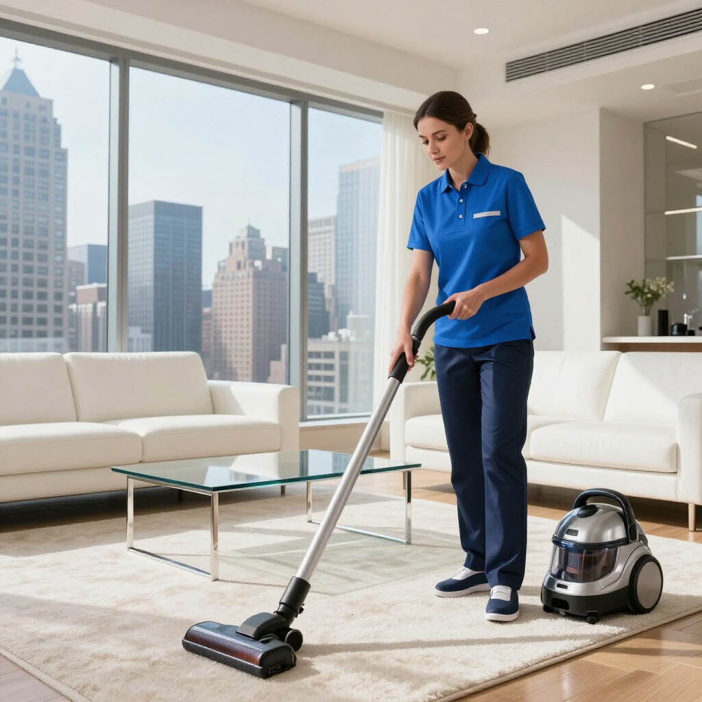Cleaner vacuuming a bright modern office lounge with city views