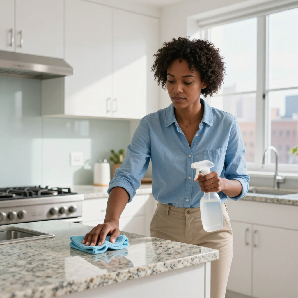 Person cleaning a granite kitchen counter with a spray bottle and cloth in a bright modern kitchen