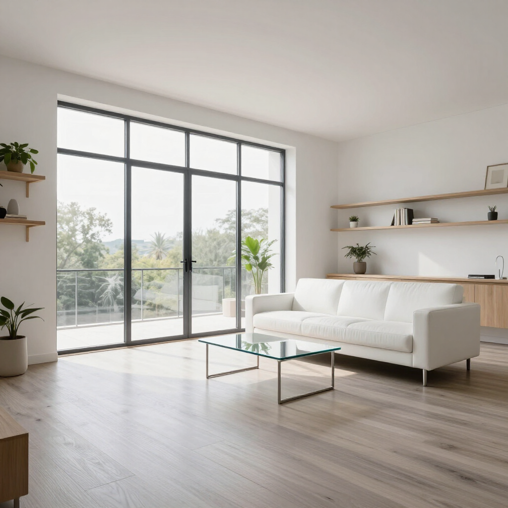 Bright minimalist living room with white sofa, glass coffee table, wood floors, and large balcony windows