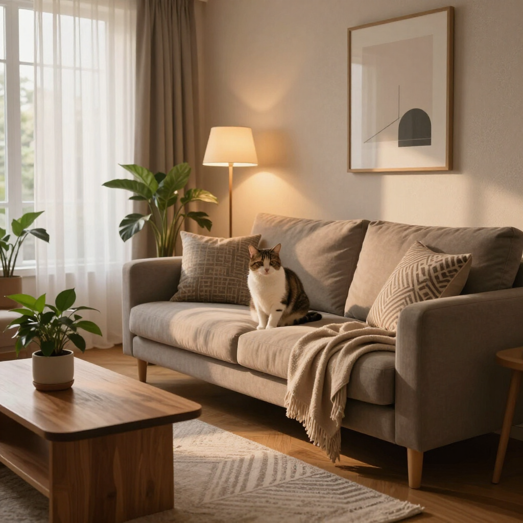 Cozy living room with a cat on a beige sofa, warm lamp light, plants, and a wooden coffee table