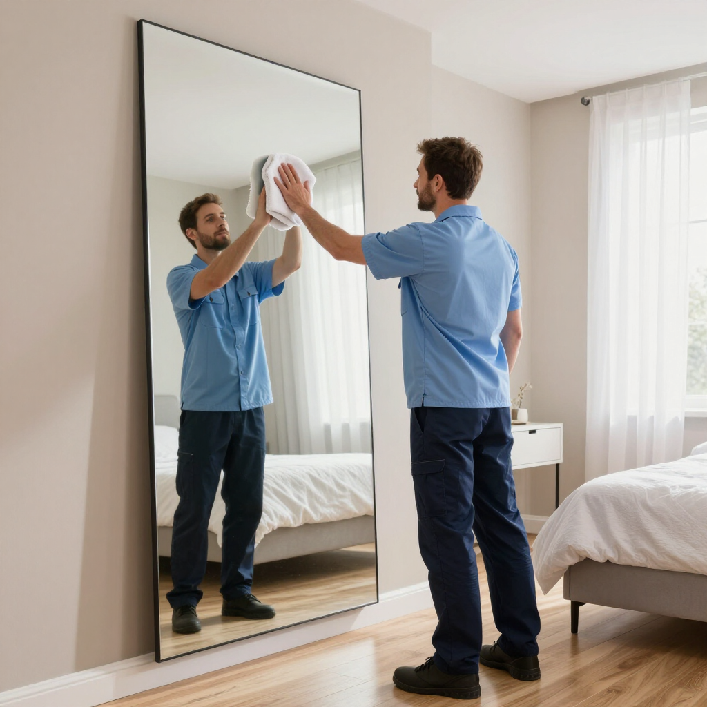 Man mounting a large mirror in a bright bedroom, standing in front of it with tools in hand