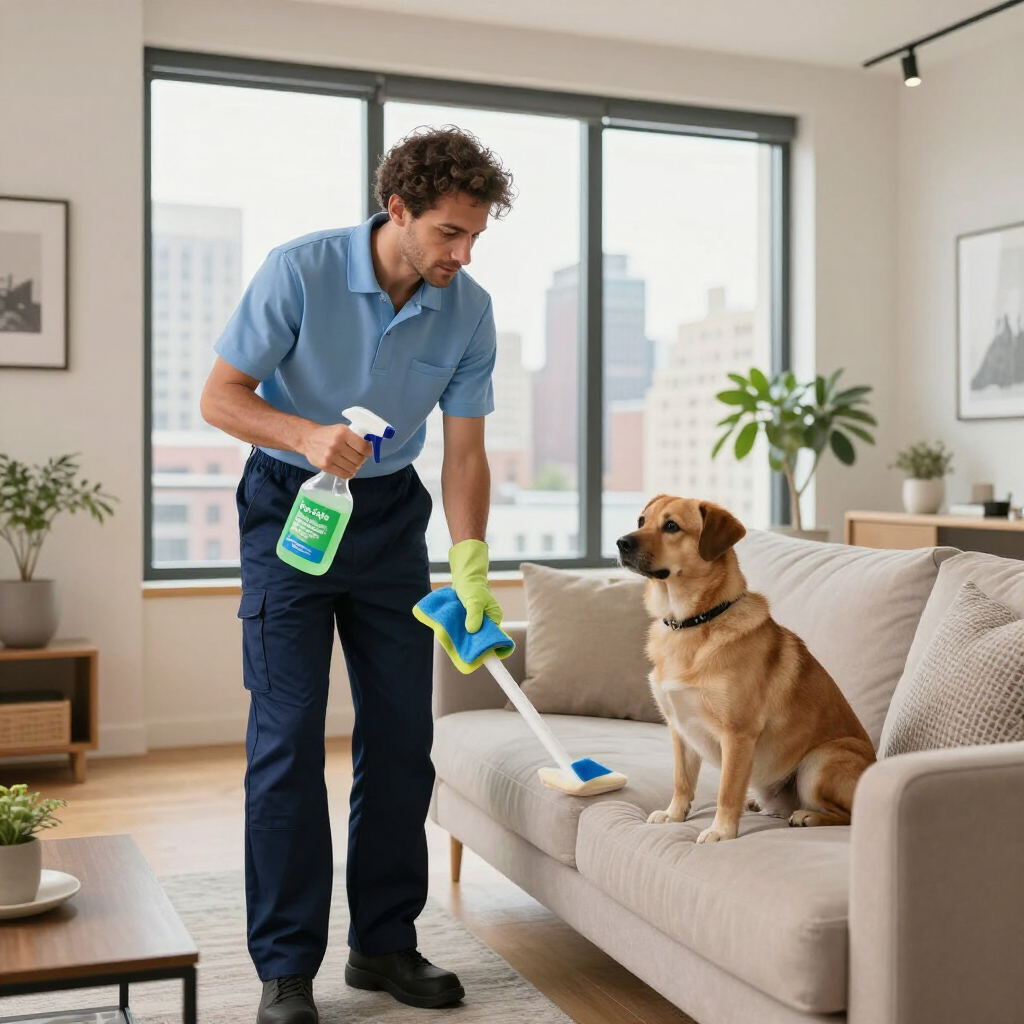 Man cleaning a beige sofa with spray and brush while a dog sits on the couch in a bright living room