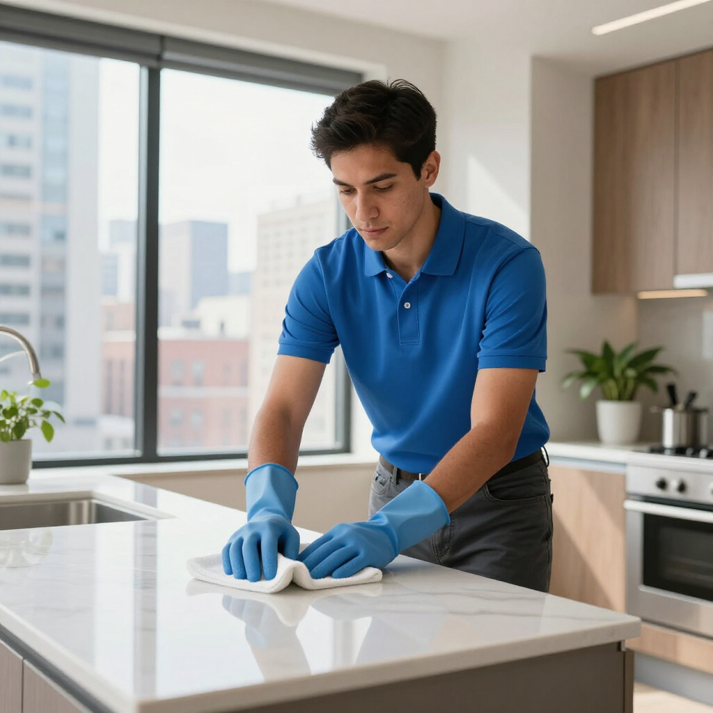 Person in blue gloves wiping a kitchen island in a bright modern apartment