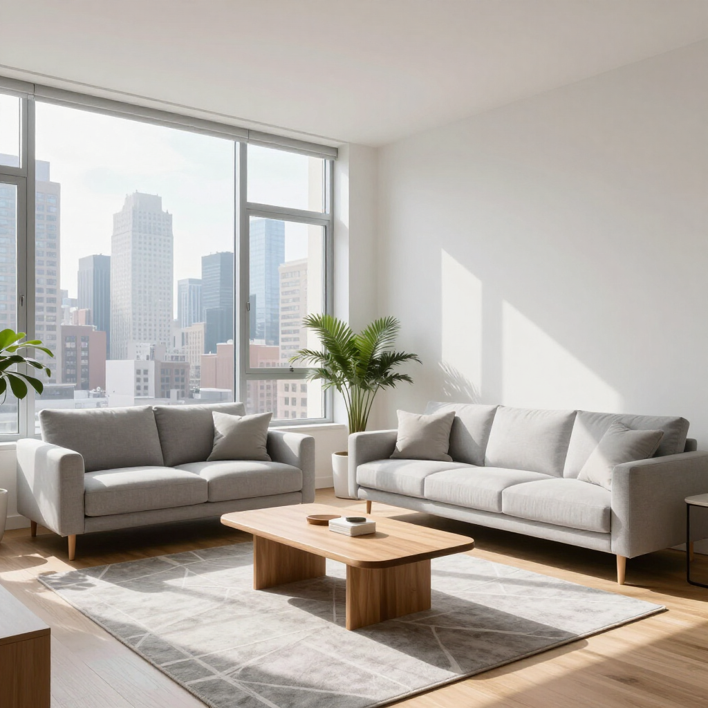 Bright modern living room with two gray sofas, wooden coffee table, plants, and a city view through large windows