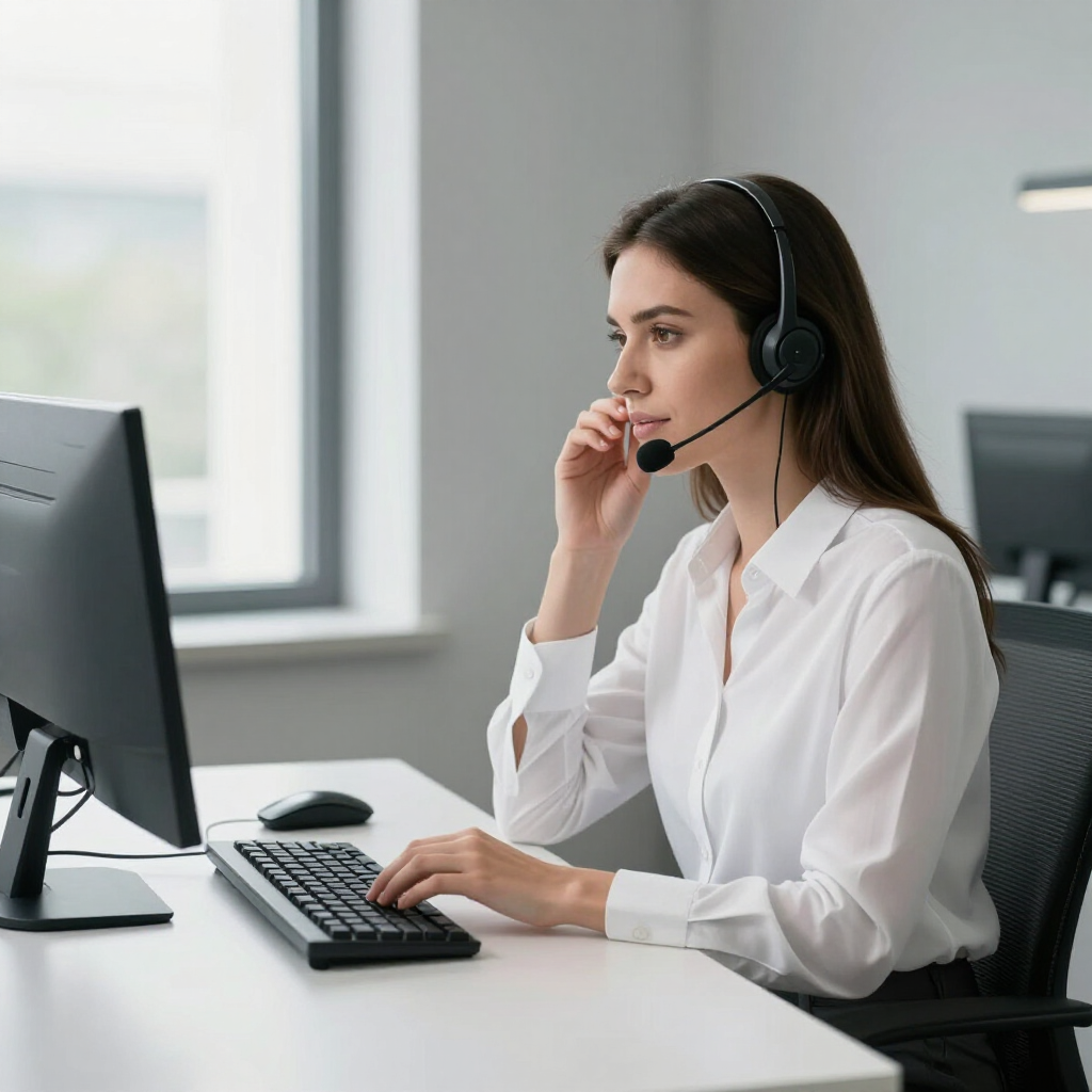 Woman wearing a headset working at a desk with a computer in a bright office