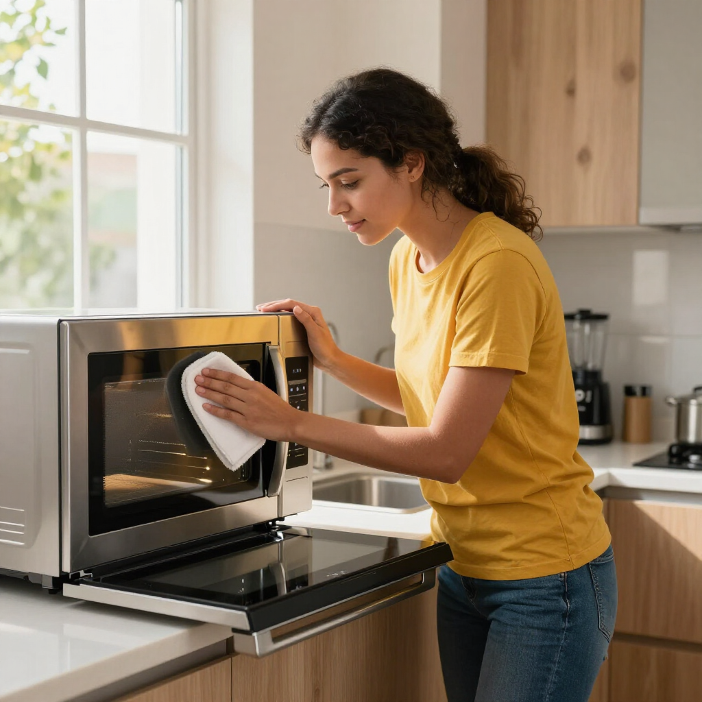 Woman cleaning a stainless steel microwave in a bright kitchen with a cloth