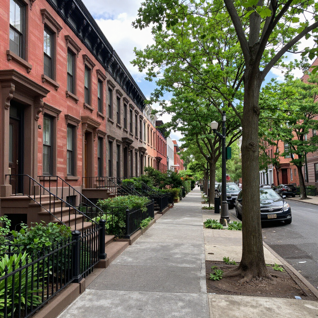 Tree-lined city sidewalk beside red-brick row houses and parked cars on a quiet street.