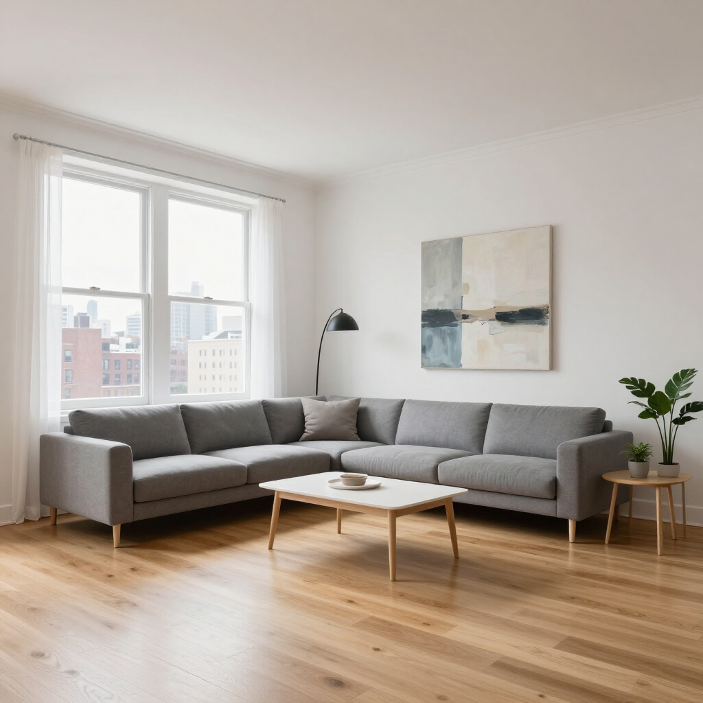 Bright living room with gray sectional sofa, wooden coffee table, floor lamp, artwork, and a large window.