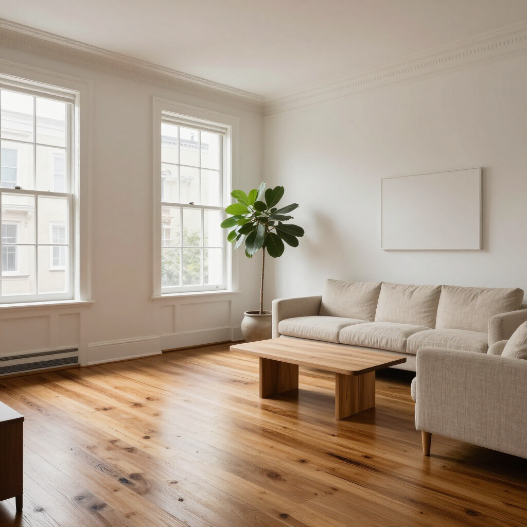 Bright living room with large windows, beige sofa, wooden coffee table, and potted plant on hardwood floors