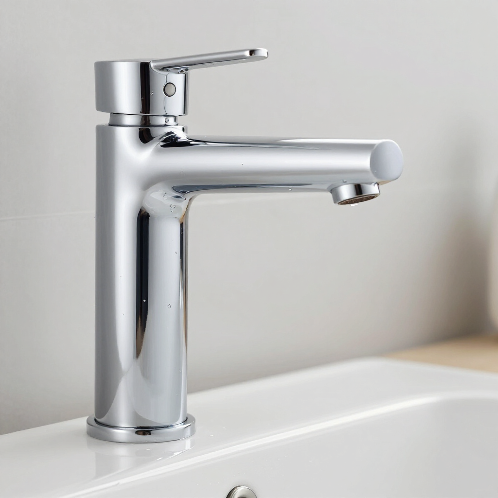 Chrome bathroom faucet with single lever over a white sink