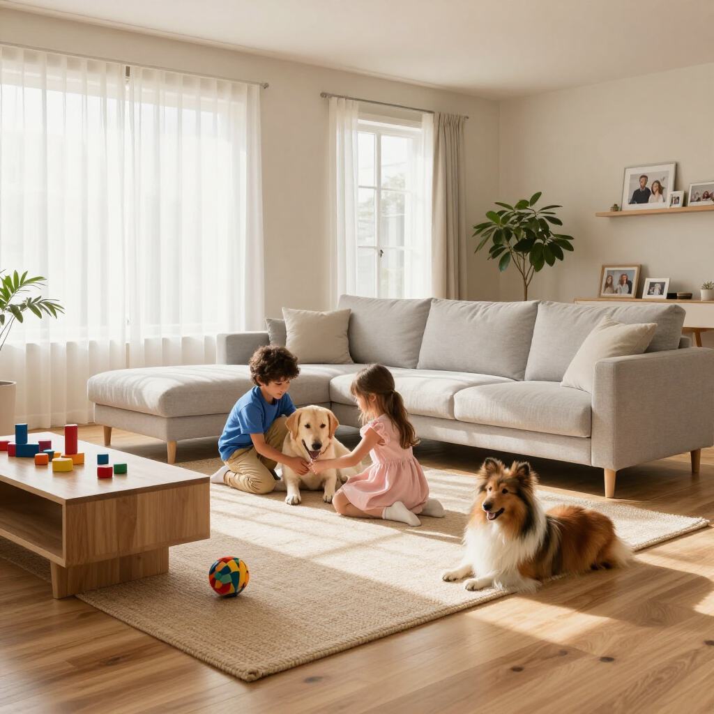 Two children petting a dog in a bright living room, with another dog and toys on the floor.