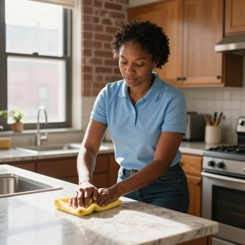 Person wiping a kitchen counter with a yellow cloth in a bright home kitchen