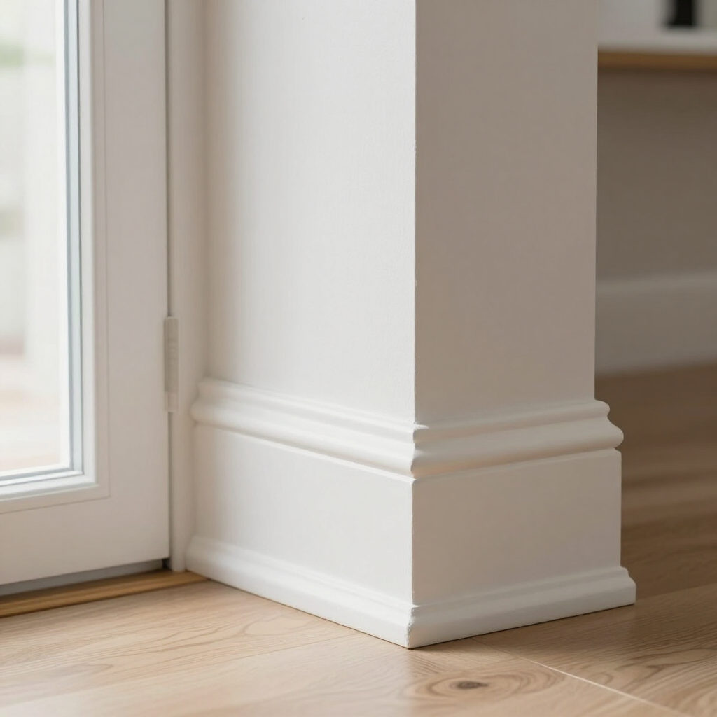 White interior corner with baseboards beside a window and light wood floor