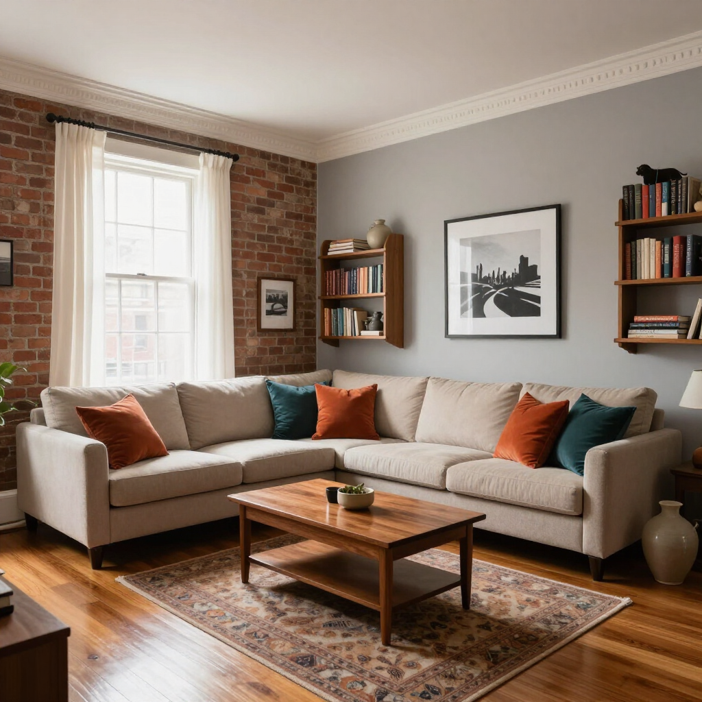 Cozy living room with beige sectional, wooden coffee table, patterned rug, exposed brick wall, and large window.