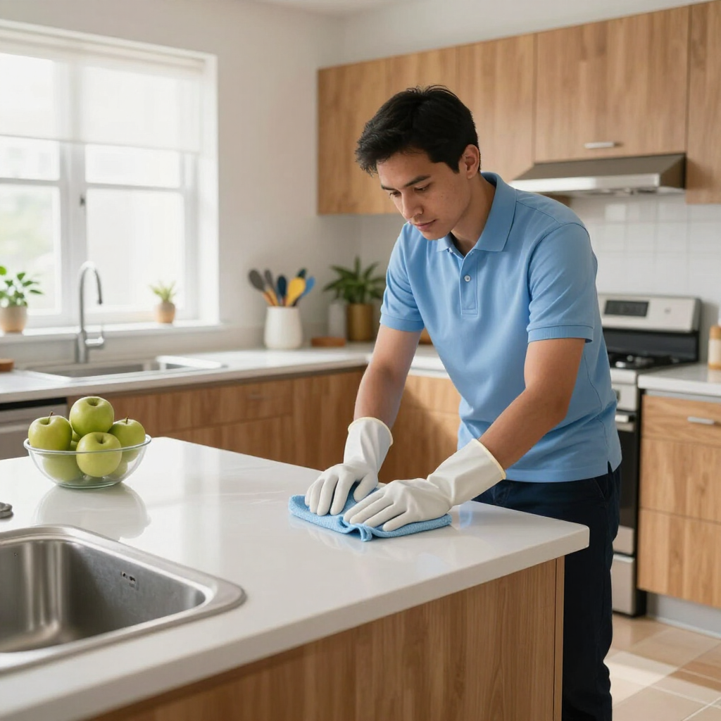 Person wiping a kitchen countertop with a cloth in a bright modern kitchen