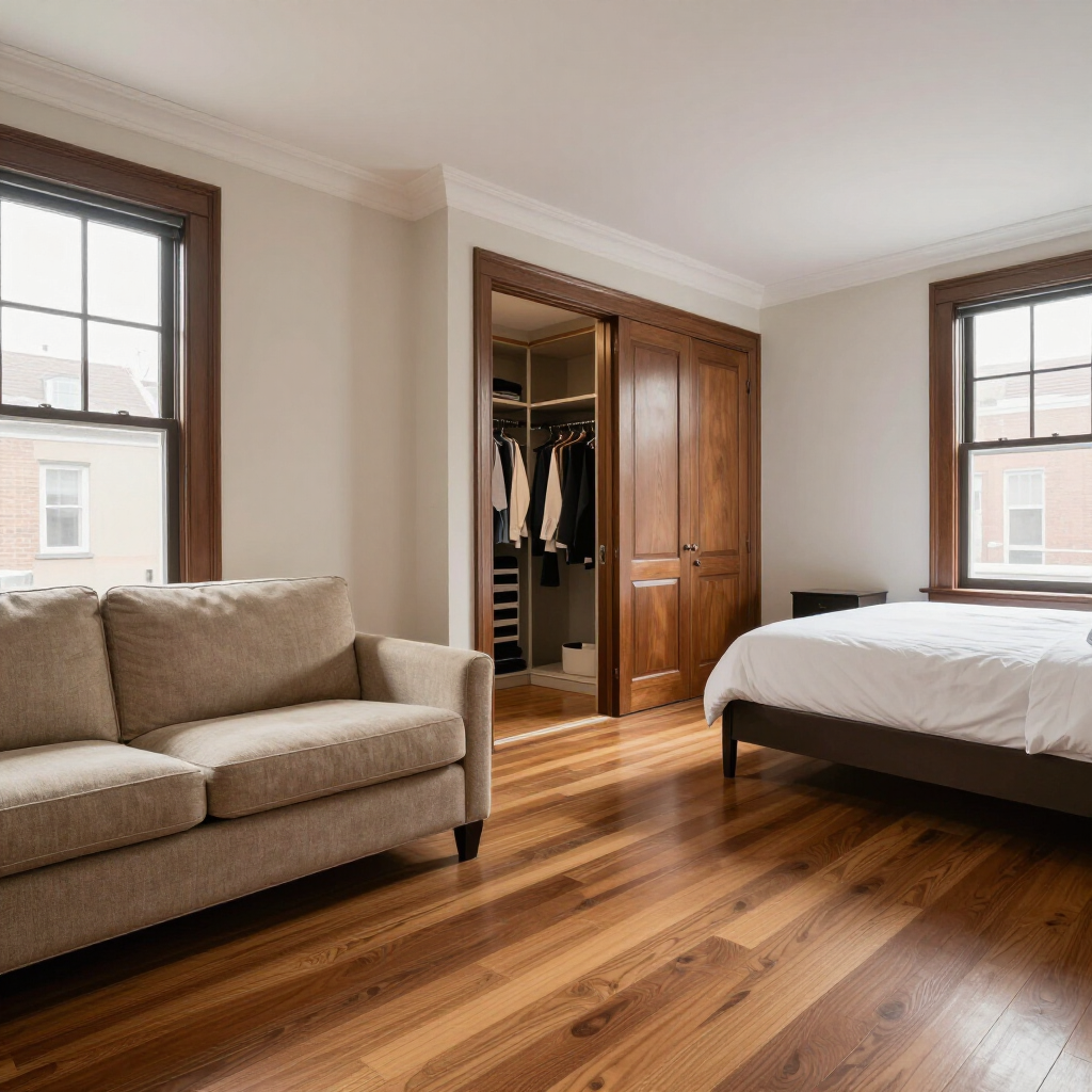 Bright bedroom with two windows, a beige sofa, wood floor, and an open closet beside a bed.