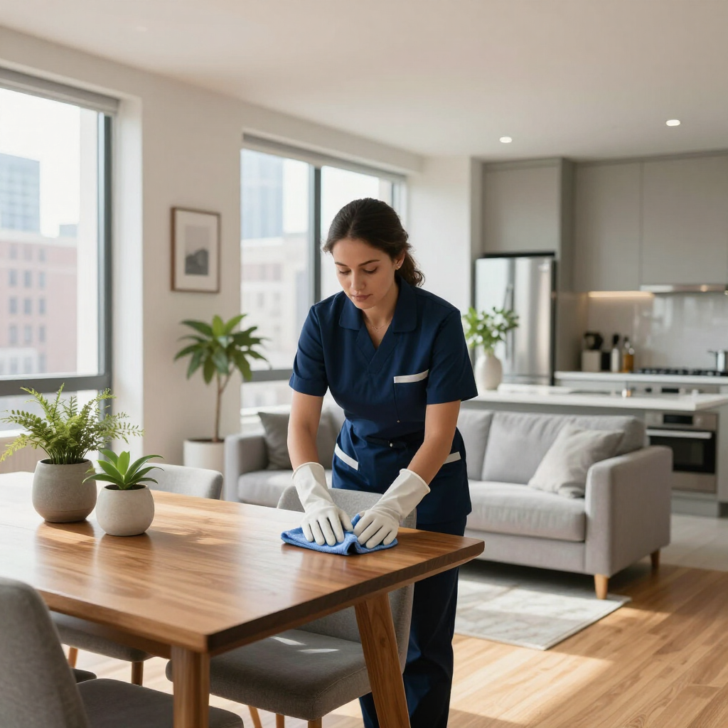 Cleaner wiping a wooden table in a bright living room with sofa, plants, and large windows