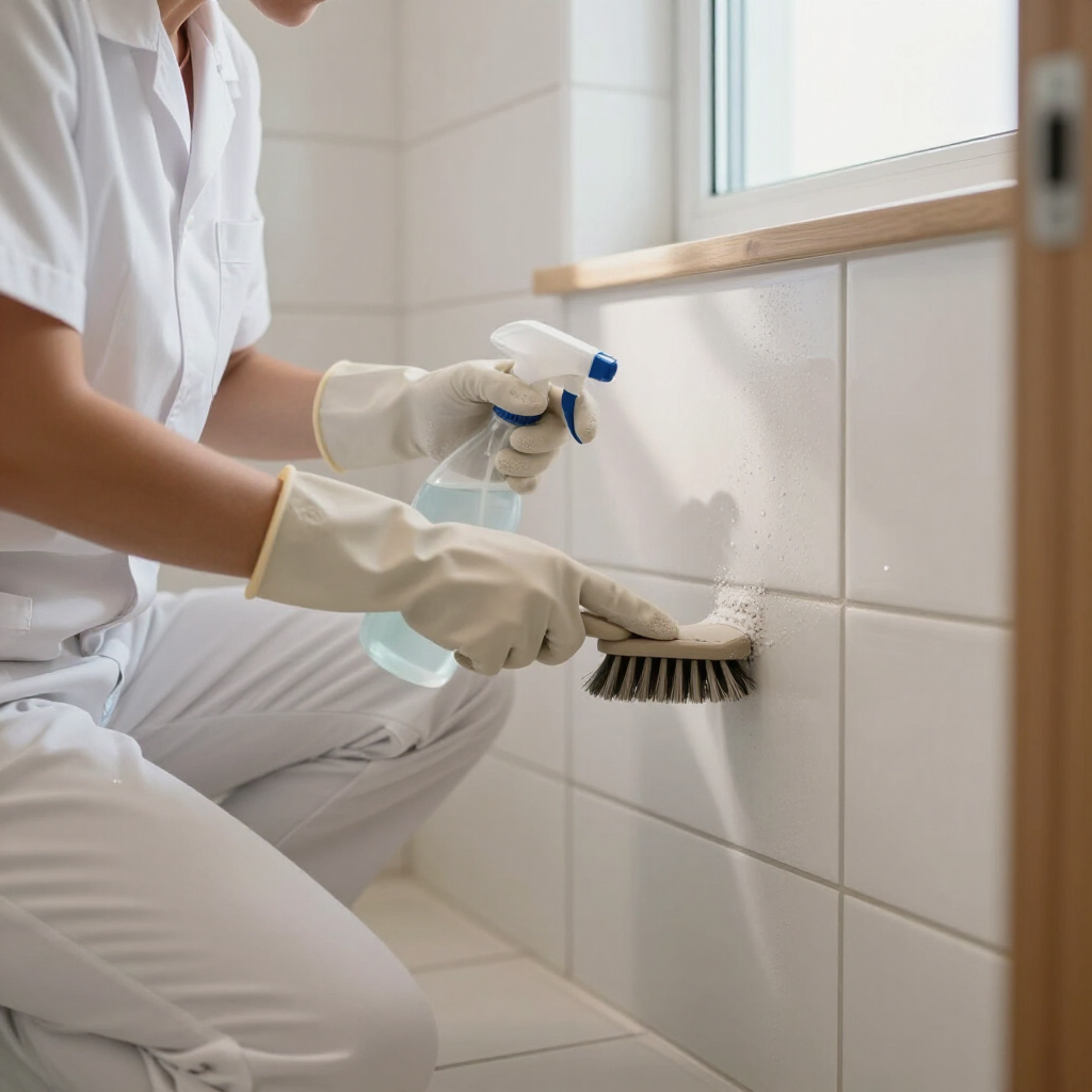 Person cleaning white bathroom tiles with a spray bottle and brush, wearing gloves and white clothing