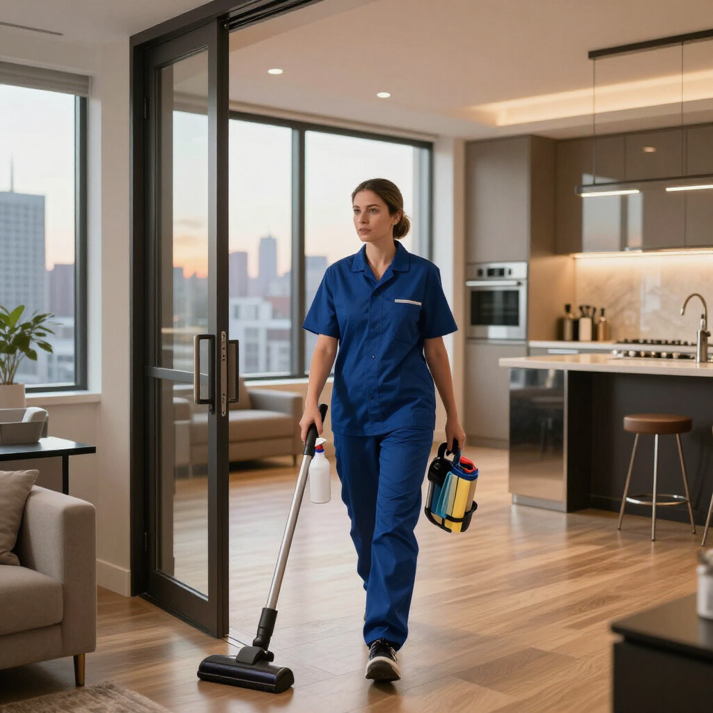 Janitor in blue uniform vacuuming a modern apartment kitchen with city view