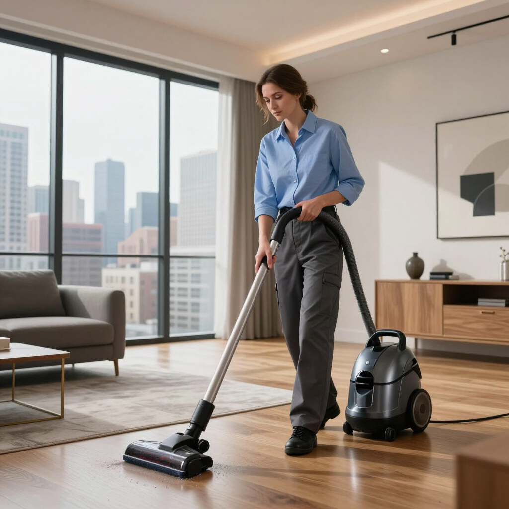 Woman vacuuming a modern living room with a cordless vacuum, city skyline visible through large windows