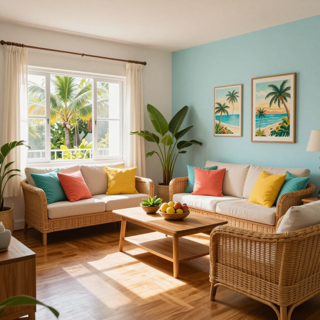 Bright tropical living room with wicker sofas, colorful pillows, and sunlight through large windows